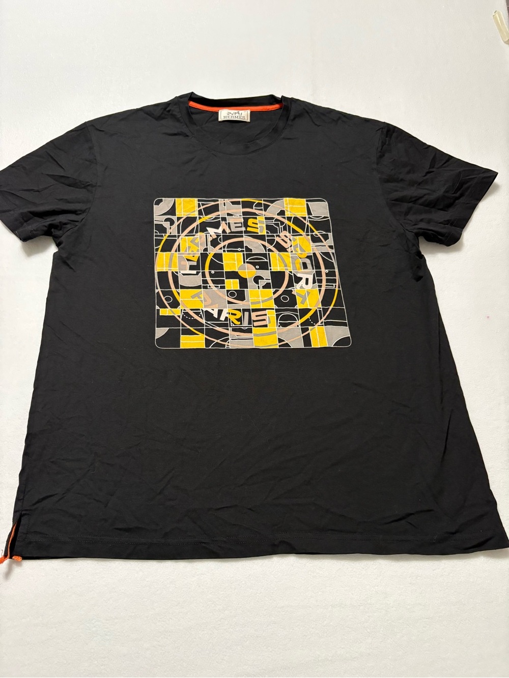 Hermes Black Short-Sleeve Graphic Tee with Yellow and Gray Print